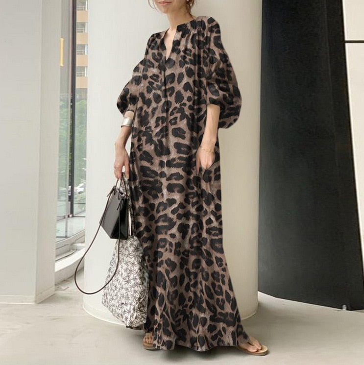 Fashion Printed Maxi Dress Women's Leopard Sundress 2022 Spring Puff Sleeve Long Vestidos Female V Neck Robe Oversize