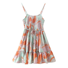 Allover Print Shirred Knot Backless Cami Dress