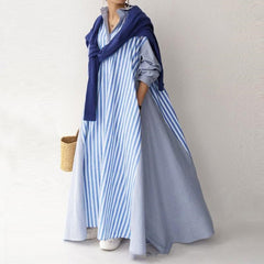 Autumn Casual Loose Maxi Dress Women Vintage Turn-down Collar Striped Shirt Boho Beach Wedding Long Office Vestidos