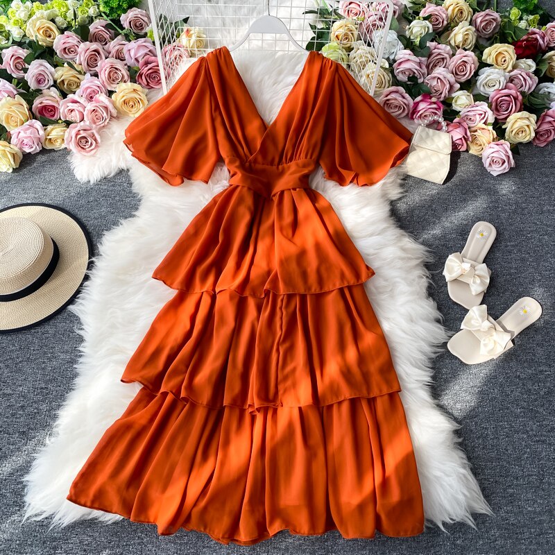 Hoobd New Summer Women Dress Ruffled Short-sleeved Chiffon Dress V-neck Sexy Beach Long Dress Backless Cake Dresses Vestidos