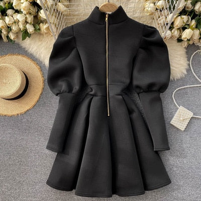 Autumn Winter Puff Long Sleeve Dresses For Women Party Christmas Turtleneck Slim A-Line Elegant New Year Woman Red Dress