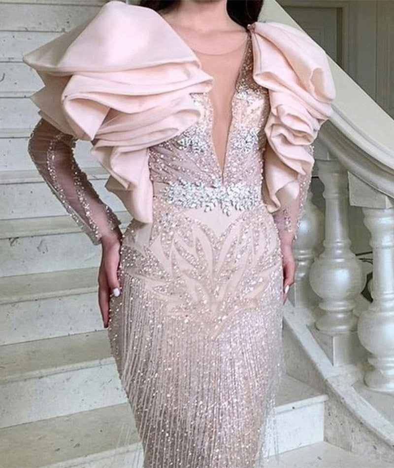 Hoobd Sequined Long Sleeve Fringed Bodycon Evening Dress Without Belt