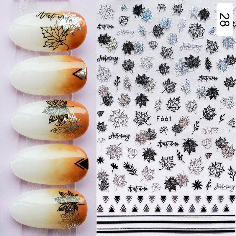 Hoobd1pcs Gold iridescent Maple Leaf 3D Nail Sticker Fall Autumn Pattern Adhesive Transfer Stickers Shiny DIY Nail Art Decoration