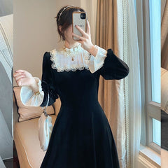 French Retro Black Midi Dress Women Elegant One Piece Dress Korean Autumn SLim Lace Evening Party Velvet Dress Female Cute