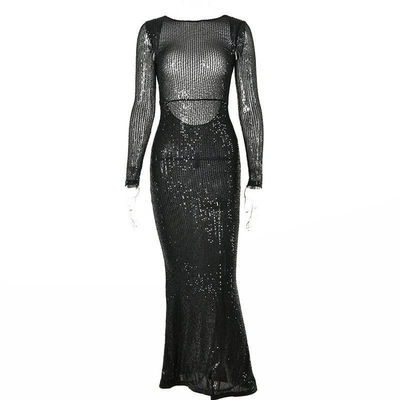 Backless Black Maxi Dress Women Sexy High Waist Elegant Fashion Streetwear Casual Slim Round Collar Sequins Female Dress