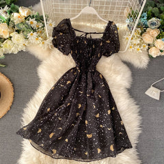 Hoobd New Summer Women Floral Print Mesh Dress Female Short Sleeve Holiday Beach Dress A-line Black Party Dresses Vestidos P776