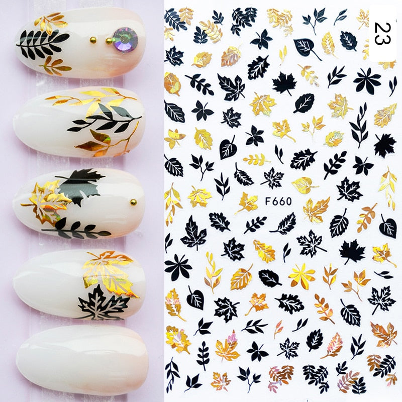 Hoobd1pcs Gold iridescent Maple Leaf 3D Nail Sticker Fall Autumn Pattern Adhesive Transfer Stickers Shiny DIY Nail Art Decoration