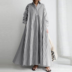 Autumn Casual Loose Maxi Dress Women Vintage Turn-down Collar Striped Shirt Boho Beach Wedding Long Office Vestidos