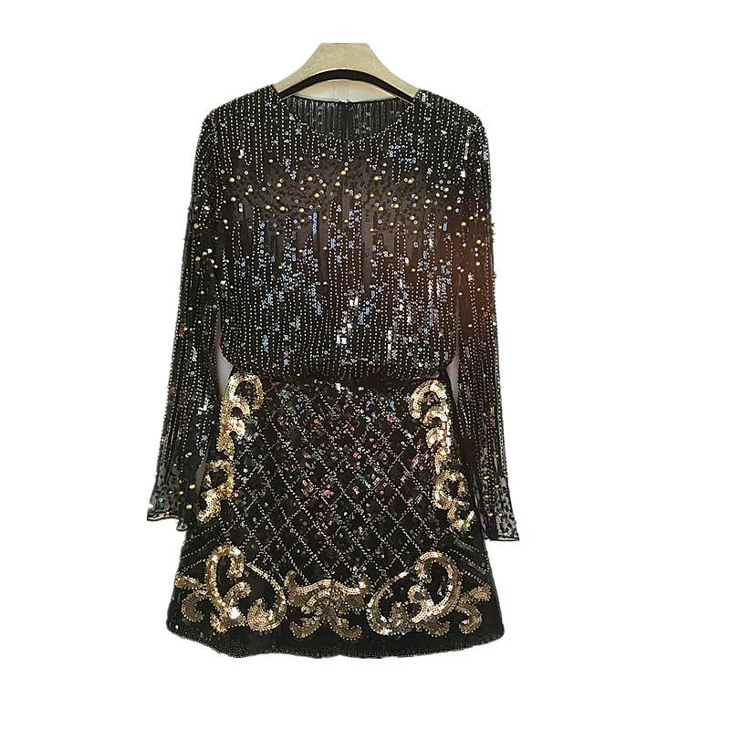 Birthday Party Korean New Women's Fashion Heavy Craft Nail Bead Long Sleeve Sequin Shirt With Buttocks And Skirt 2pcs Set