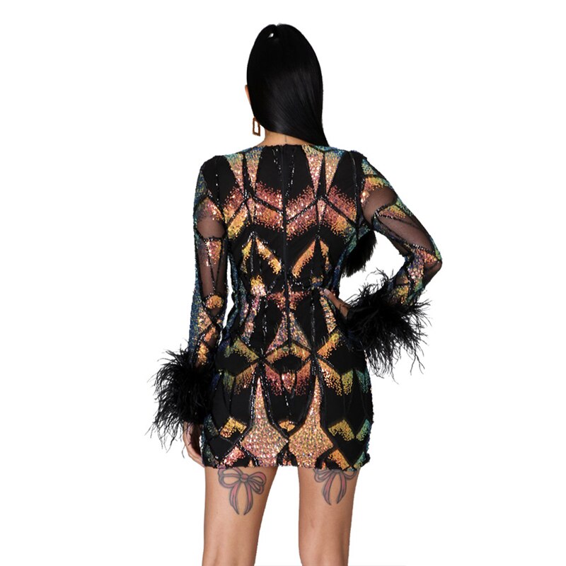 Hoobd Women Sexy Sequins Feather Night Club Party Dress Deep V Neck Sheer Mesh Long Sleeve Bodycon Mini Dresses Vestidos