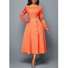 Women's Dress Elegant Long Sleeve Lace Stitching High Waist big hem mid-length Oversized Dresses For Women