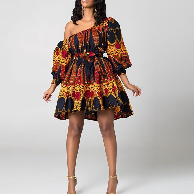 African Dresses Women Sexy Shoulder Off Mini Dress Dashiki Tribal Print Africa Dress Women African Clothes Robe Africaine Femme