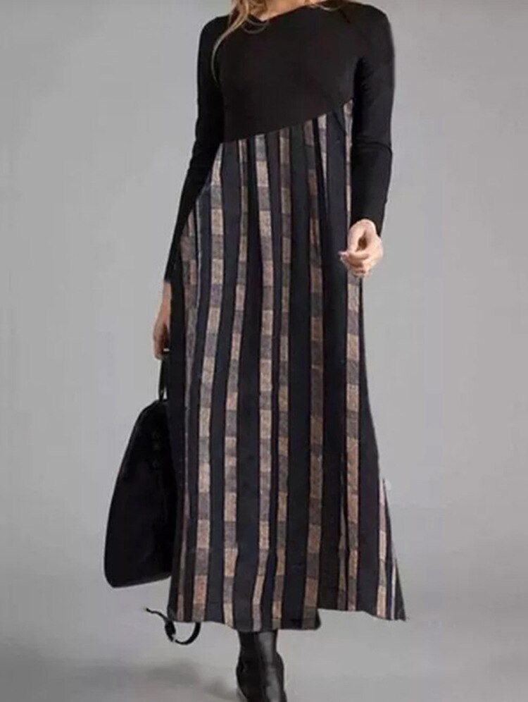 Hoobd Elegant Women Long Dress V-Neck A-Line Dress Spring Autumn Vintage Cotton Long Sleeves Party Dresses Lady Casual Loose Vestidos