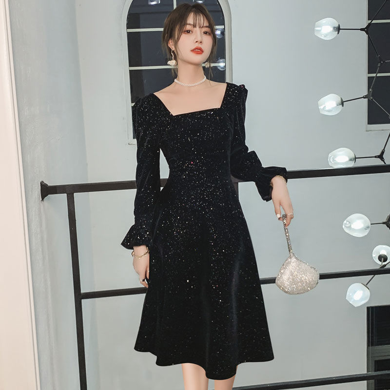 Korean Square Collar Sequins Elegant Velvet Dress Women Flare Long Sleeve Backless Maxi Dress Office Lady High Waist Slim Dress