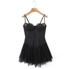 Romantic Women Lace Patchwork Sexy Sling Dress Ladies Satin Chiffon Super-Short Dress Summer Beach Vestido