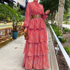 Boho Pattern Print Ruffle Summer Beach Dress Spring Elegant Turtleneck Office Ladies Dress Women Lantern Sleeve Long Party Dress