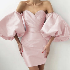 Hoobd Puff Sleeves Trendy Pink Mini Dress Sexy Off Shoulder  Design Celebrity Party Club Satin Dresses Vestido