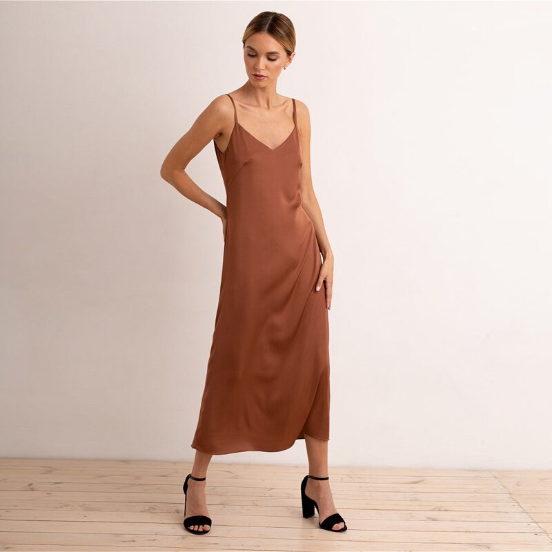 Satin Sling Brown Sexy Dress Backless Spaghetti Strap Long Dress 2023 Summer Homewear Pajama Party Club Slim Female
