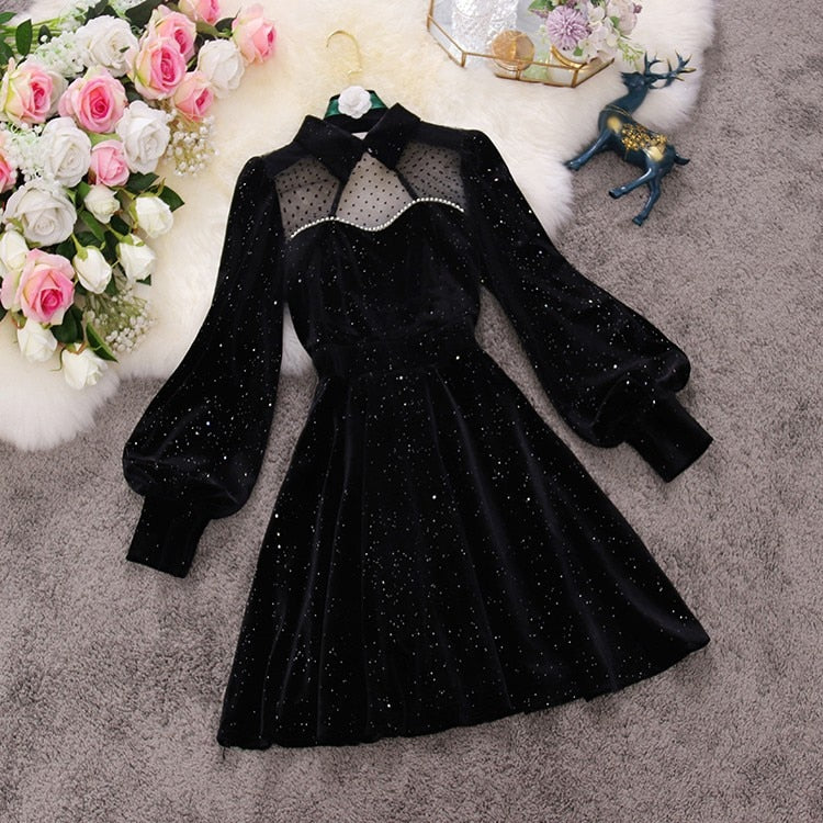 spring new female stand collar lantern sleeve sequins velvet with mesh A-line dress