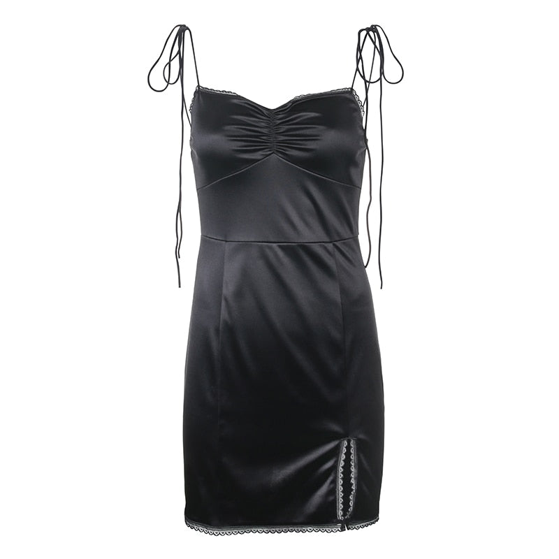 Strappy Satin Ruched Black Dress