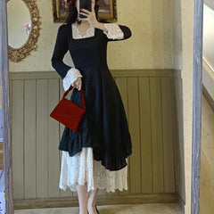 French Vintage Elegant Dress Women Party Long Sleeve Lace Black Y2k Midi Dress Winter Face Two Piece Dress Korean Fashion