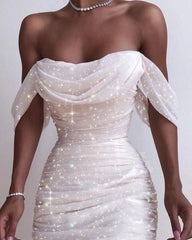 Shouder Women Dress Glitter Sequin Summer White Dresses Elegant Lady Draped Swing Collar Dresses Evening Party Dress