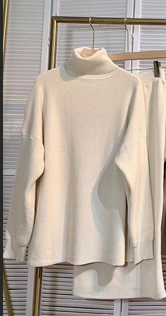 New Women&#39;s Knitted Set Fashion High Neck Long Sleeve Pullover &amp; High Waist Tight Skirt 2-piece casual suit