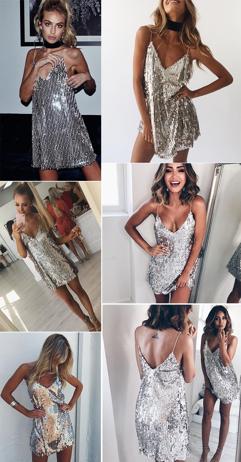 Hoobd Women's Summer Sundresses Sexy Club Party Prom Shiny Dress Backless Gold Sequin Mini Slip Short Skirt Fashion Girls Clothing