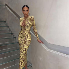 Autumn Street Print Dresses For Women 2023 Hollow Out Bandage Long Sleeve Maxi Dress Female Striped Bodycon Long Dress