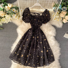 Hoobd New Summer Women Floral Print Mesh Dress Female Short Sleeve Holiday Beach Dress A-line Black Party Dresses Vestidos P776