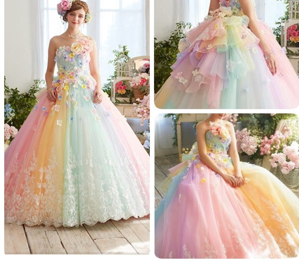 Hoobd Pretty Colorful Rainbow Tutu Prom Dresses 3D Flower Lace Puffy Ball Gowns Vestido Formatura Abiye Ruffles Evening Gowns