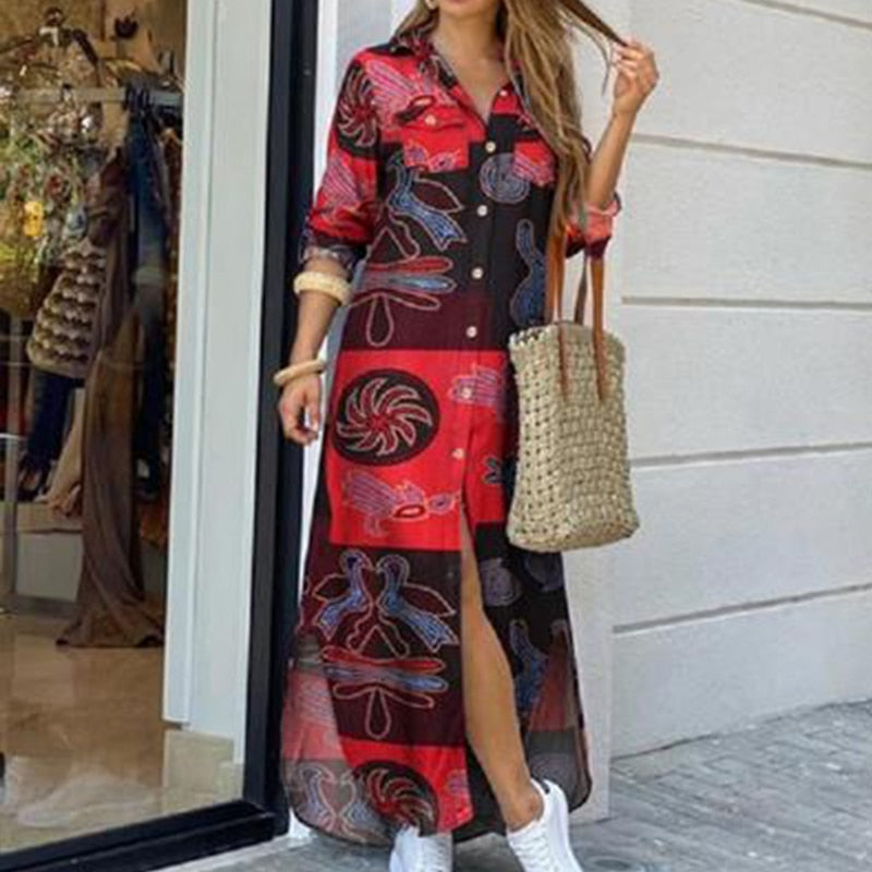 Hoobd Fashion Women Long Sleeve Shirt Dress Autumn  Printed OL Long Dresses Laides Turn-down Collar Loose Sundress Party Dresses
