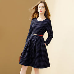 Dress Women 2023 Spring Navy Blue Bird Lattice Elegant Autumn A-line O-neck Slim With Belt Dresses Casual Vestidos