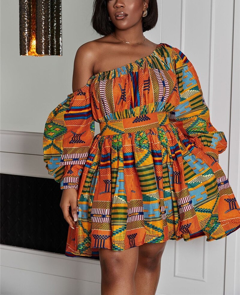 African Dresses Women Sexy Shoulder Off Mini Dress Dashiki Tribal Print Africa Dress Women African Clothes Robe Africaine Femme