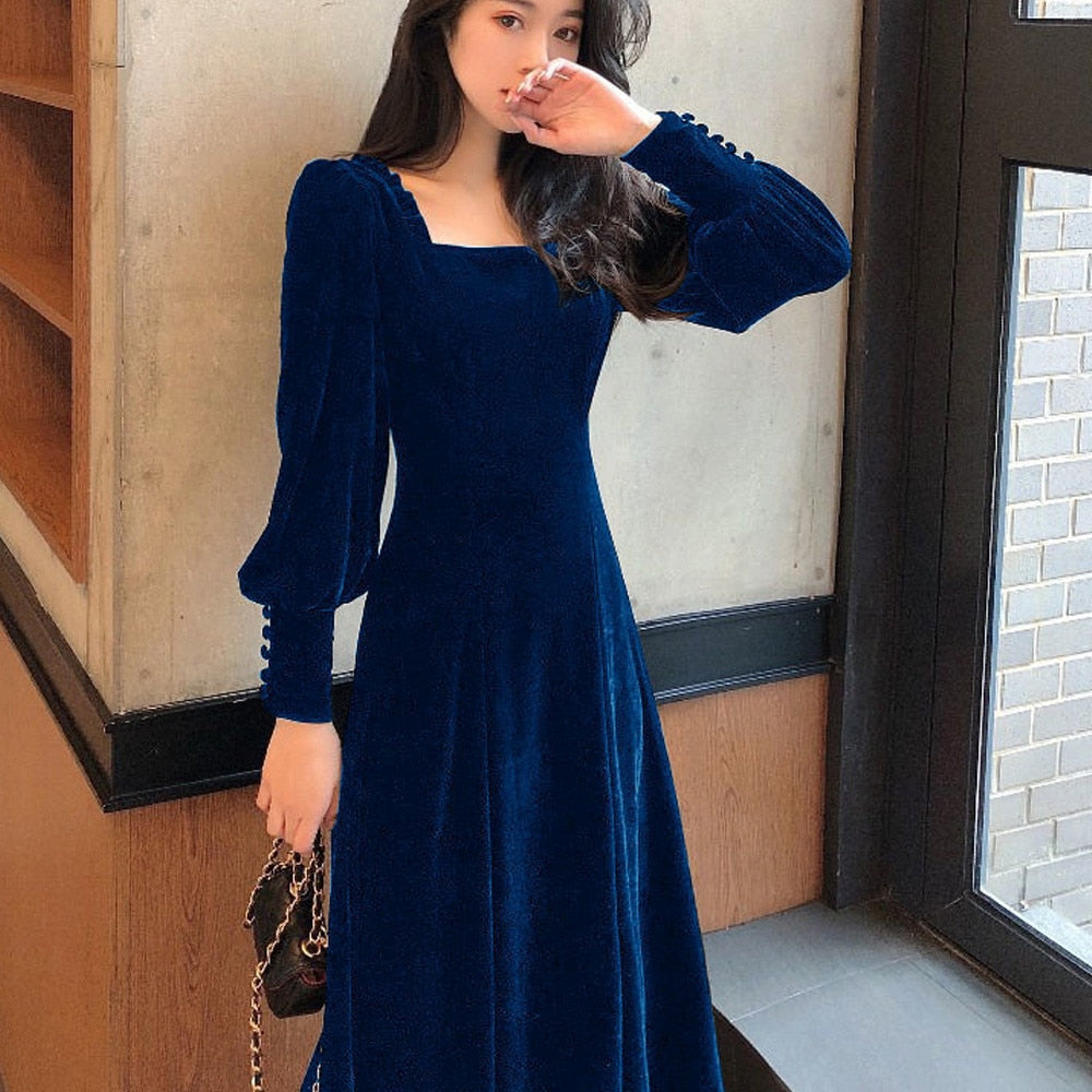 Hoobd Vintage Black Velvet Dress 2023 Women Autumn Winter Warm Long Sleeve Maxi Dress French Elegant V-Neck Party Dresses