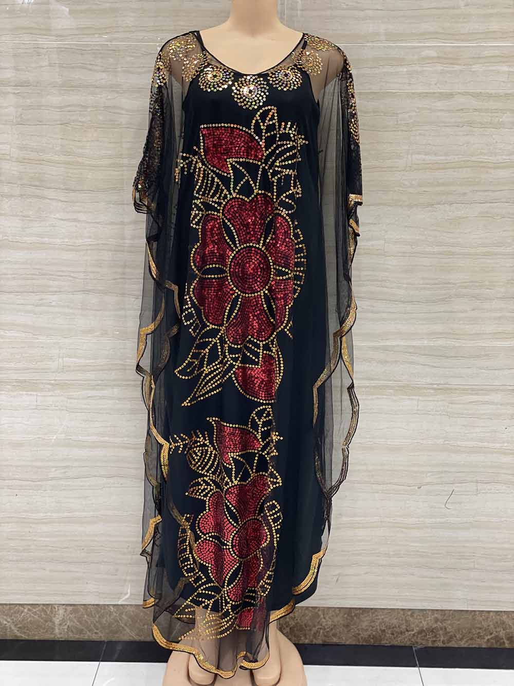 New Style African Women&#39;s Clothing Dashiki Abaya Fashion Gauze Fabric Sequins Bat Sleeve Loose Dress Free Size  Single Piece