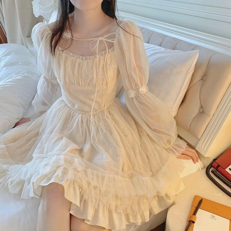 Hoobd Lolita Kawaii Dress Women Casual Long Sleeve Vintage Y2k Mini Dress Female Japanese Style One Piece Dress Korean Autumn