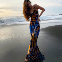 Mo Sexy Off Shoulder Print Summer Long Dress Women Backless Bandage Beach Dresses Female Casual Party Boho Vestidos 2023