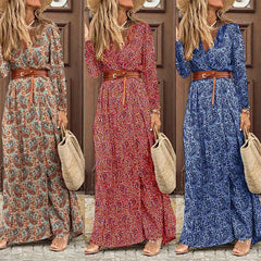 Hoobd Autumn Dress 2023 Women New Fashionable Bohemian V-neck Floral Print Long Dress Female Short Sleeve Sexy High Split Maxi Dresses