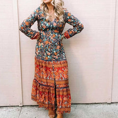 Boho Inspired Long Boho Dress Floral Print spliced maxi dress women Casual chic Spring summer dress long sleeve dress new
