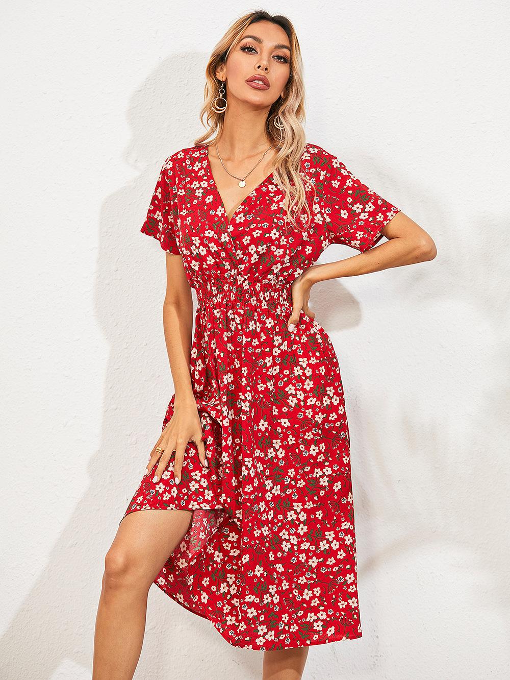 Hoobd graduation outfit ideas 90s latina aesthetic freaknik fashion baseball game tomboy style swaggy going out classic edgy brunch cute White Floral Printing Summer Chiffon Beach Dress  Casual V-neck Short Sleeve A-line Women Midi Dresses Vestidos