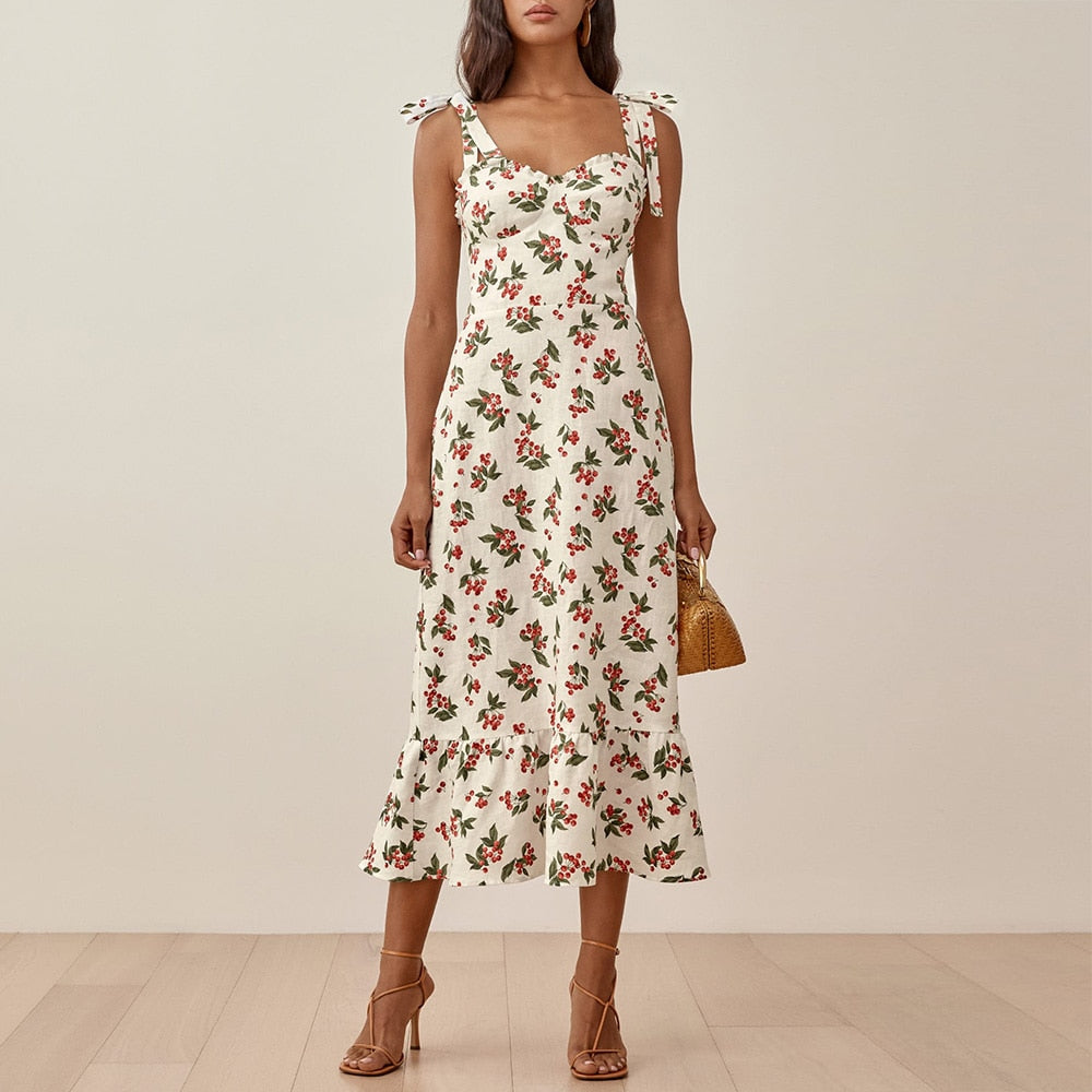 Dresses For Women 2023 Elegant Vintage Floral Dress Frill Sweetheart Neck Sleeveless Strap Tie Ruffle Hem Summer Beach Dress