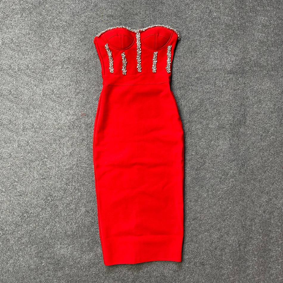 New Women&#39;S Fashion Bead Chain Crystal Design Long Dress Sexy Sleeveless Backless Celebrity Party Bandage Dress