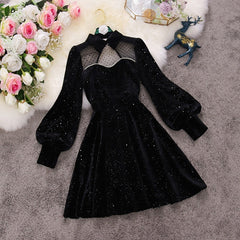 spring new female stand collar lantern sleeve sequins velvet with mesh A-line dress