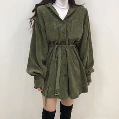 Women Vintage Front Pockets Sashes A-line Dress Lantern Sleeve Turn Down Collar Solid Party Dress Winter Casual New Dress