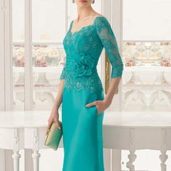 Hoobd Gorgeous Teal Lace Mother of the Bride Dresses With Off Shoulder Three Quarter Sleeves Wedding Guest Gowns V Neck Full Length