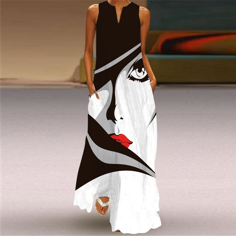 Ladies Spring Summer Long Dress Women Black Sleeveless V-neck Loose Party Dresses Casual Face Print Vintage Beach Dress