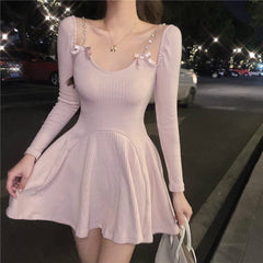 Hoobd Knit One-Piece Dress Korean 2021 Spring Casual Long Sleeve Sexy Sweater Mini Dress Women Outwear Party Elegant Dress Female Cute