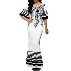 Long Dress Women Printed Stitching Long High Waist Short Sleeves V-Neck Oversized 5XLFishtail Womens Dress