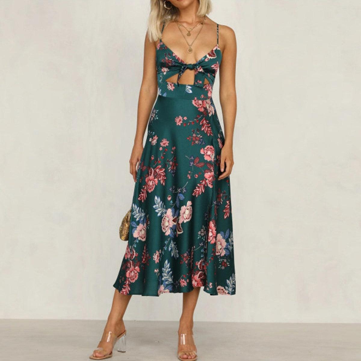 Hoobd Summer Women Fashion Sleeveless Floral Print Camisole Dress Sexy Spilt Back Hollow Out Slim Bandage Casual Beach Dresses